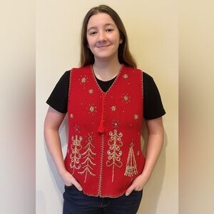 Kim Rogers Red Sweater Vest with Gold Trim Ugly Christmas Sweater Vintage